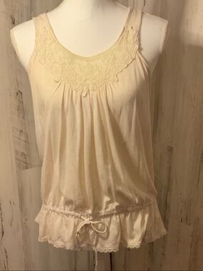 Express Cream Lace-Trim Sleep Tank with Drawstring Hem